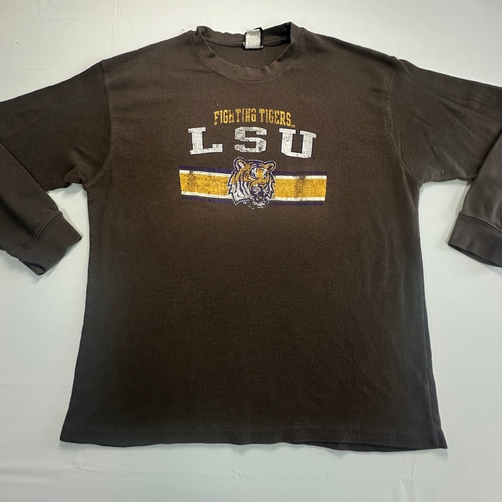Genuine Stuff LSU Fighting Tigers Waffle Knit Thermal Shirt Mens Large Brown